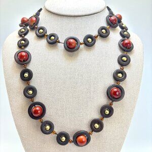 VTG Red & Black Wood Beaded Fashion Costume Necklace Size 36" Length